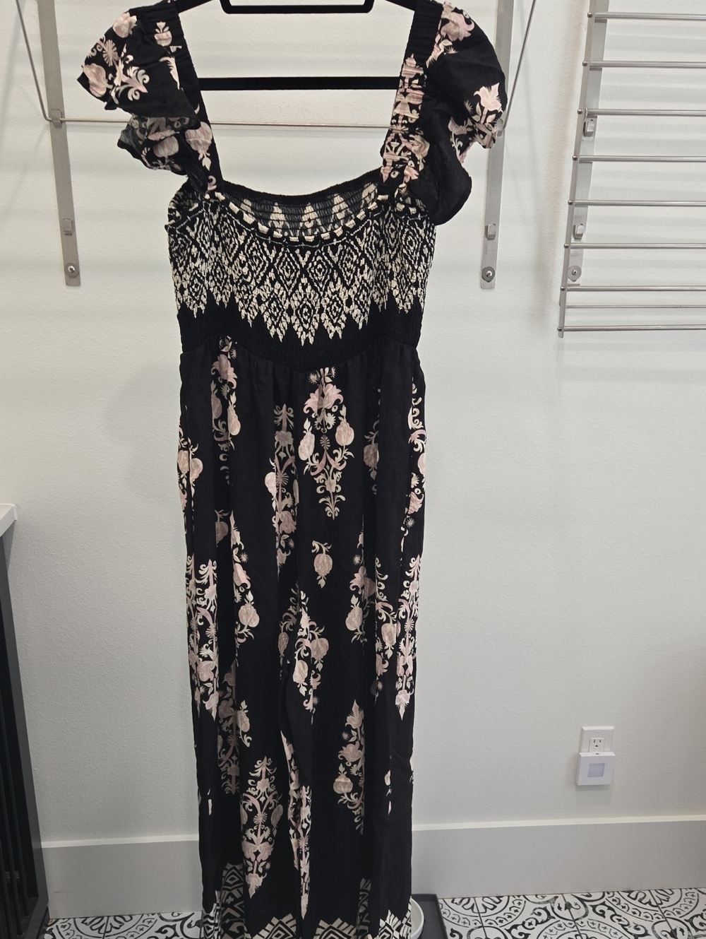 Black Floral Smocked Jumpsuit with Puff Sleeves